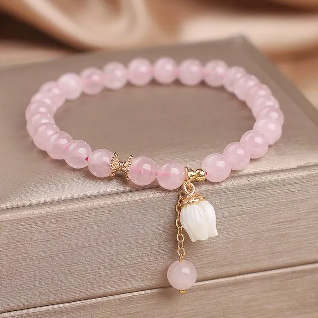 Sweet White Jade Lotus Pendant Bracelet