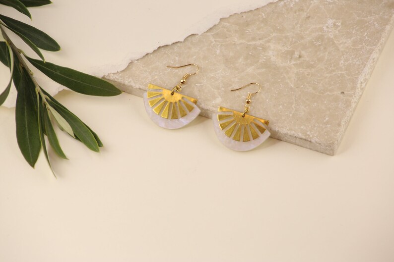Sunset Brass & White Glittery Pearl Art deco acrylic gold vermeil Fan Drop earrings