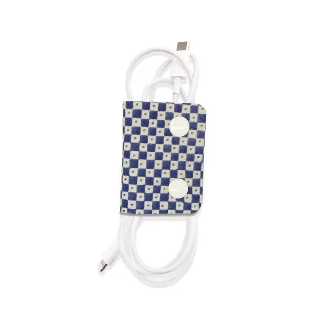 Blue Gingham Check Cable Wrap / Printed Leather Cord Tidy