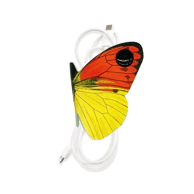 Yellow Butterfly Cord Holder / Printed Leather Cable Tidy
