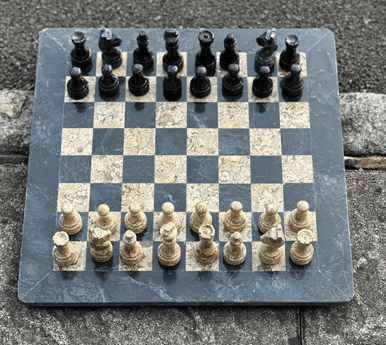 15 Inches Marble Chess Set - Black Onyx and Fossil Stone with Storage