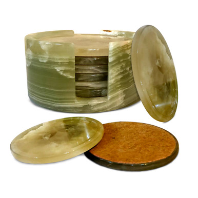 Green Onyx Tea Coasters with Holder- Set of 6