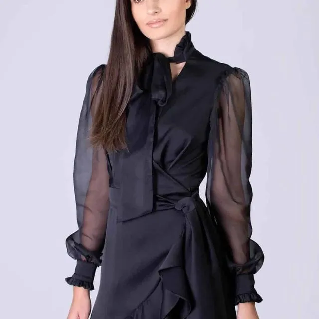 Midi dress with transparent sleeves and ruffles