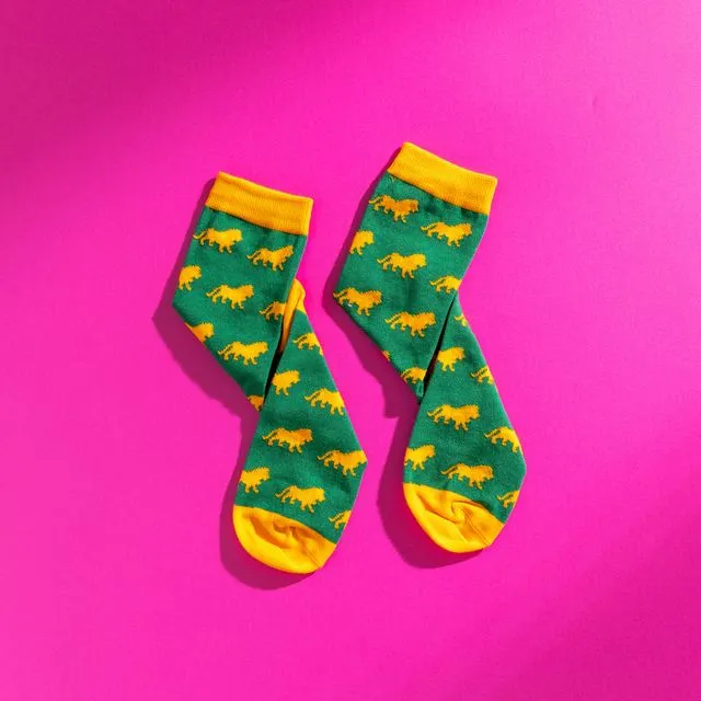 Green And Yellow Lion Patterned Egyptian Cotton Men's Socks