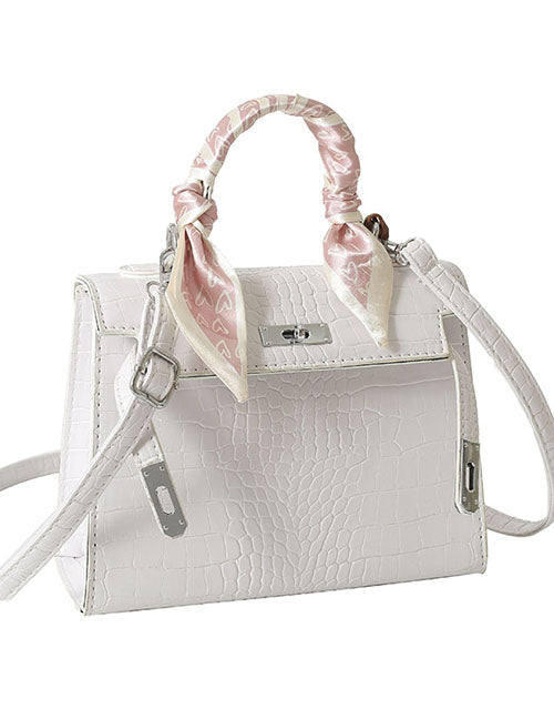 White Crocodile Textured Bag with Satin Wrapped Scarf on Handle