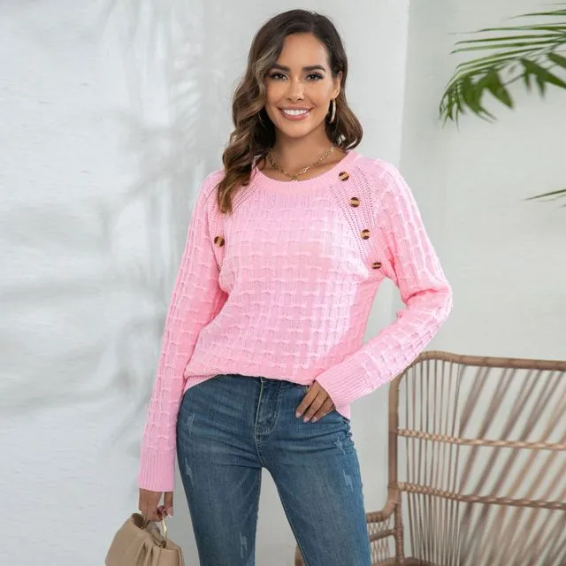 Solid Color Long Sleeves Crewneck Bowknot Texture Casual Loose Sweater-PINK