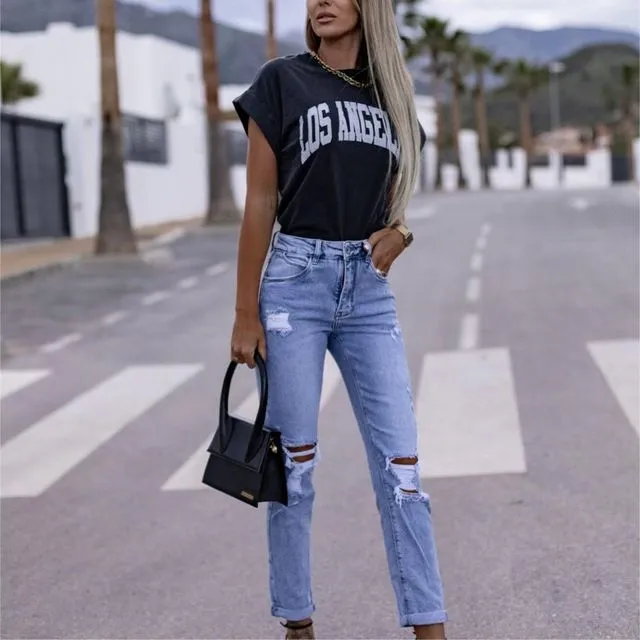 Casual Ripped Flexible Slim High-Waisted Simple Pant jean
