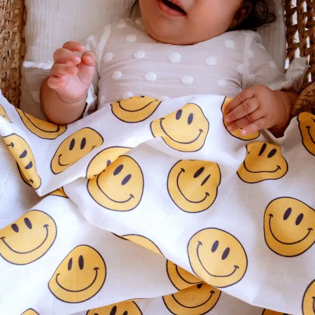 Muslin Baby Swaddle Blanket 100% Organic Cotton Smiley 100x100cm