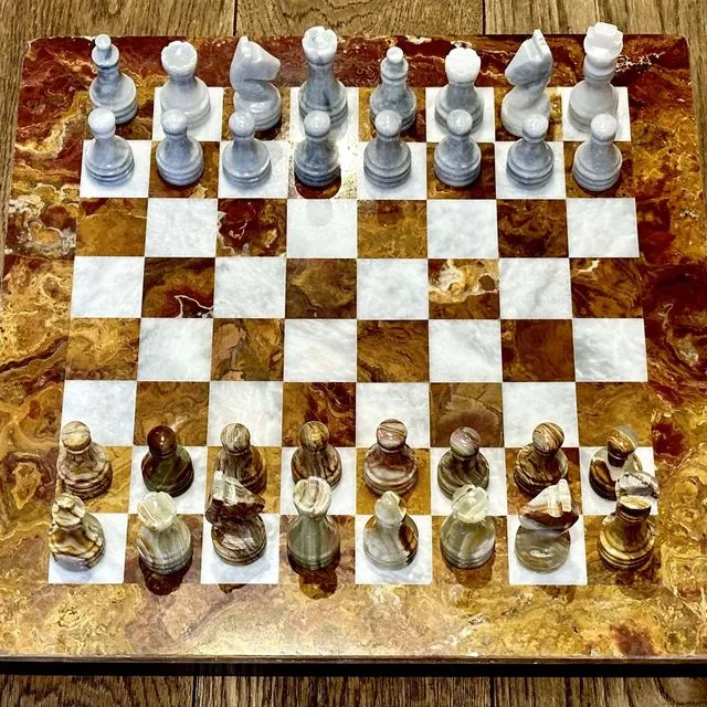 15 Inches Antique Marble Chess Set - Brown Onyx and Fossil Stone with Storage