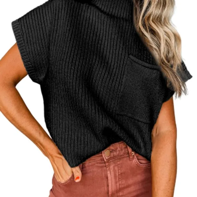 Patch Pocket Ribbed Knit Short Sleeve Sweater - (GD9272425098 ~ BLACK)