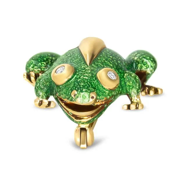 18K Yellow Gold Diamond Accent Green Enamel Frog Brooch Pin