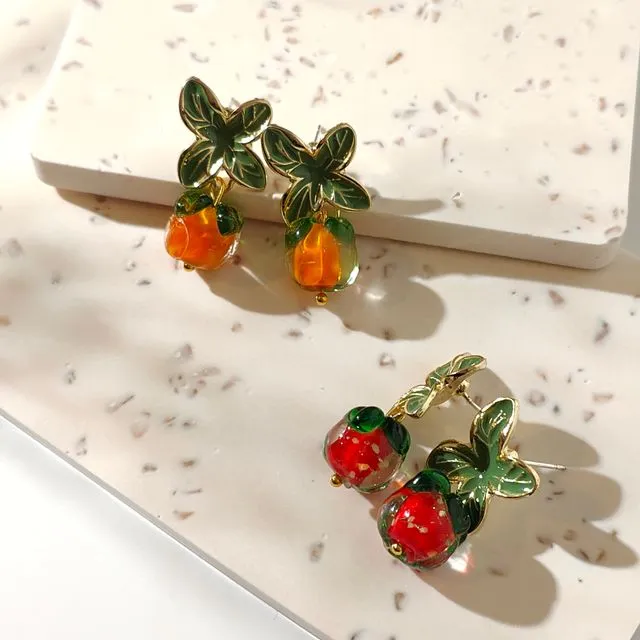Green leaf studs with pumpkin glass earrings