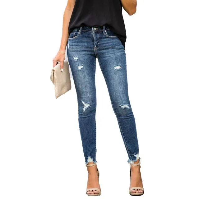 Slim-Fit Distressed Jeans With Rough Hem And Small Leg