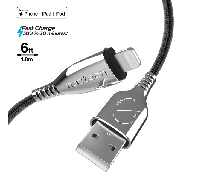 Naztech Titanium USB to MFi Lightning Braided Cable 6ft