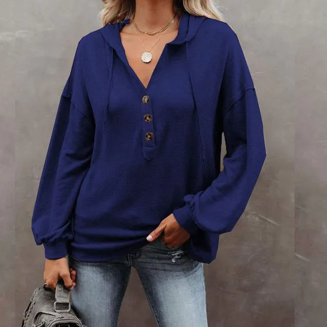 Solid Color Long Sleeves Hooded Drawstring Casual Loose Sweatshirts-BLUE