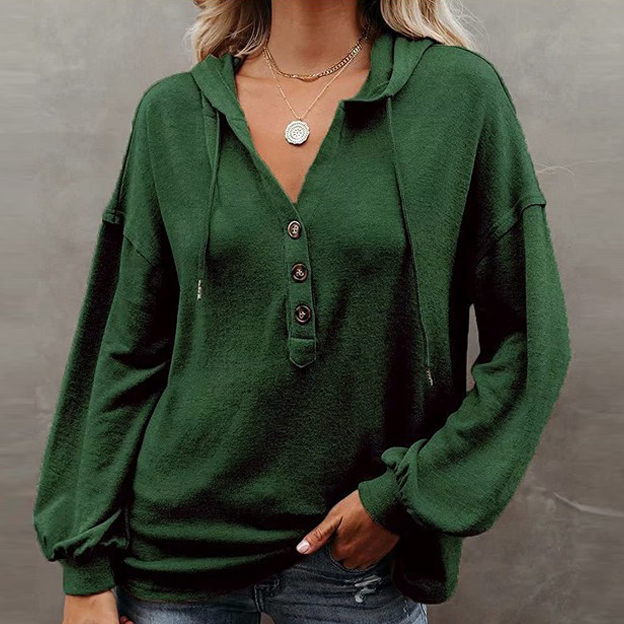 Solid Color Long Sleeves Hooded Drawstring Casual Loose Sweatshirts-DEEP GREEN