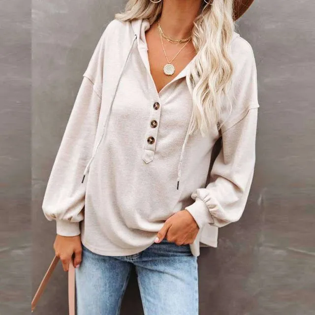 Solid Color Long Sleeves Hooded Drawstring Casual Loose Sweatshirts-WHITE