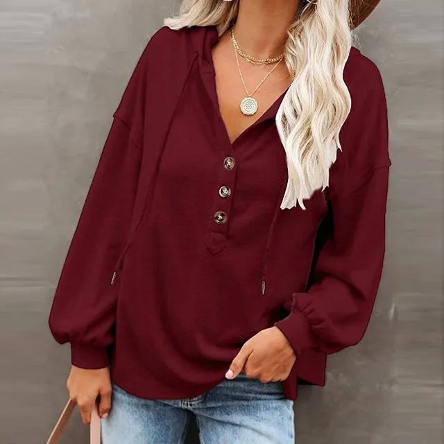Solid Color Long Sleeves Hooded Drawstring Casual Loose Sweatshirts-WINE
