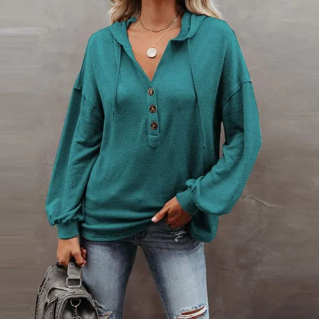 Solid Color Long Sleeves Hooded Drawstring Casual Loose Sweatshirts-GREEN