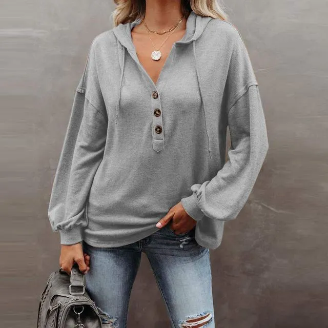 Solid Color Long Sleeves Hooded Drawstring Casual Loose Sweatshirts-GRAY