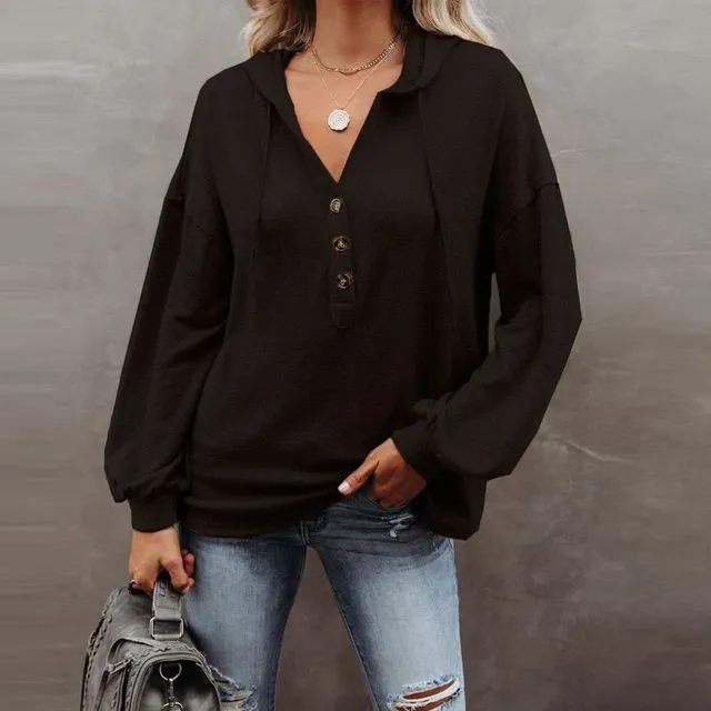 Solid Color Long Sleeves Hooded Drawstring Casual Loose Sweatshirts-BLACK