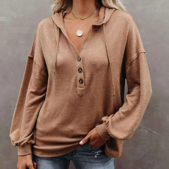 Solid Color Long Sleeves Hooded Drawstring Casual Loose Sweatshirts-COFFEE