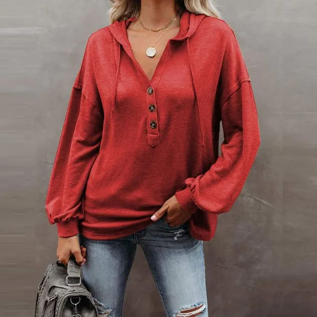 Solid Color Long Sleeves Hooded Drawstring Casual Loose Sweatshirts-RED