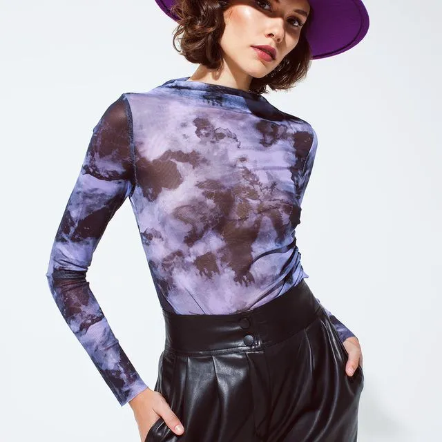 MESH TOP ROUCHED AT THE SIDE IN ABSTRACT PURPLE PRINT