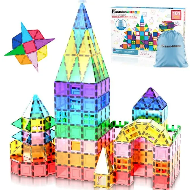 101pc Magnetic Tile Building Blocks with Car Base Drawstring Carry Toy Storage Bag