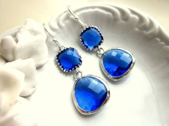Cobalt Blue Earrings Silver Two Tier
