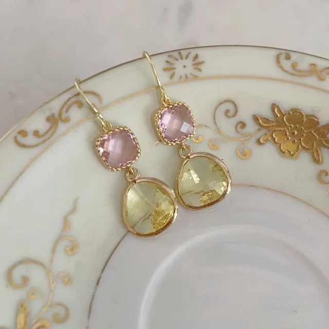 Gold Pink Citrine Yellow Earrings, Wedding Jewelry, Bridal