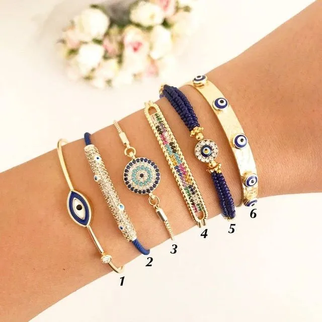 Blue Evil Eye Bracelet Set, Greek Bangle Bracelet, Seed Beads Bracelet