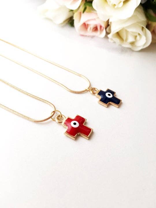 Cross Evil Eye Necklace, Evil Eye Pendant Necklace, Blue Cross Charm Necklace