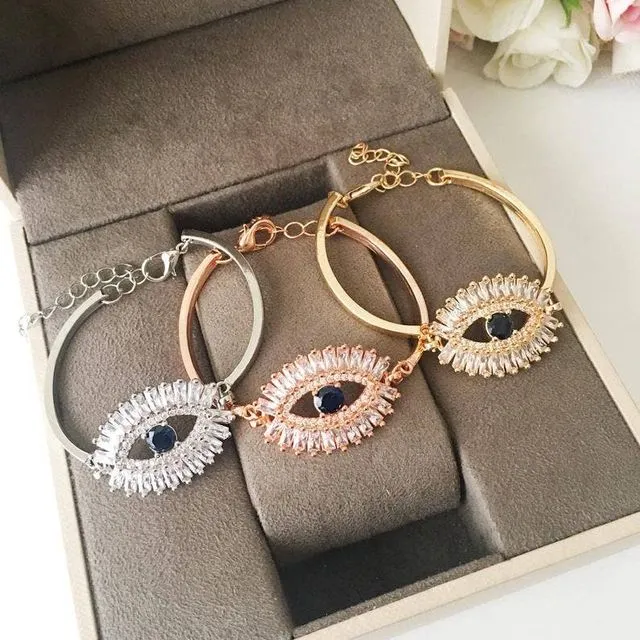 Cz Baguette Bracelet, Evil Eye Chain Bracelet, Rose Gold Silver Bracelet