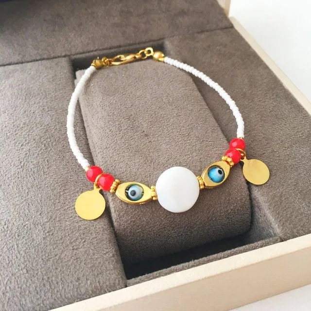 Evil Eye Bracelet, Gold Charm Bracelet, Seed Beads