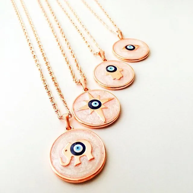 Evil Eye Necklace, Rose Gold Plate Necklace, Hamsa Charm Necklace, Elephant Necklace