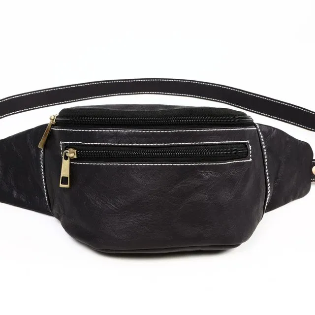 Genuine Leather Black Fanny Pack for Men & Women Belt Bag Crossbody Fashion Waist Packs