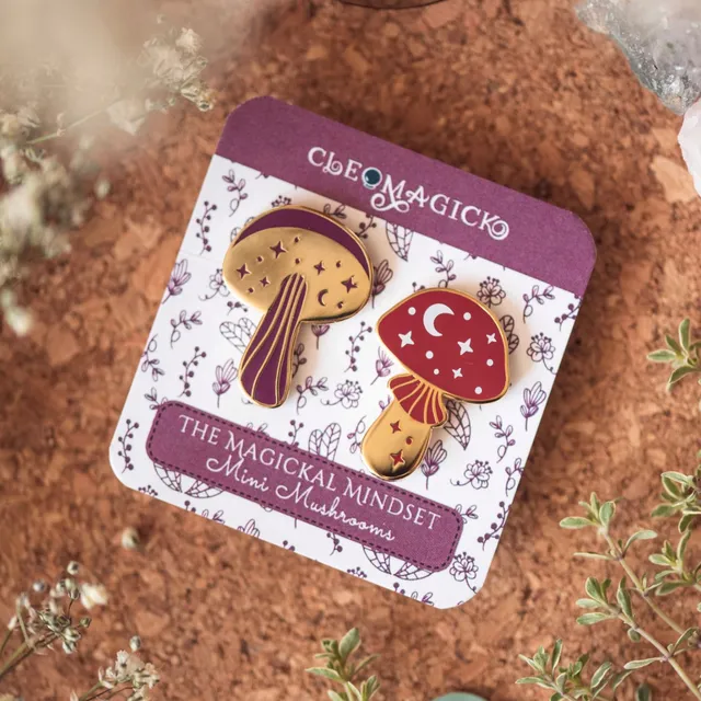 Mini Mushrooms Enamel Pin Duo Set, Purple, Red And Gold