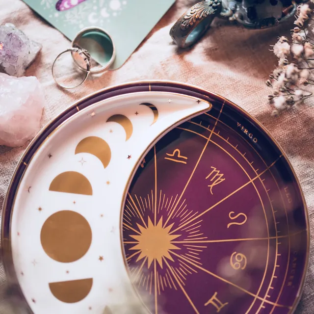 Zodiac Ceramic Nesting Moon Dish Set, Purple Berry, White & Gold