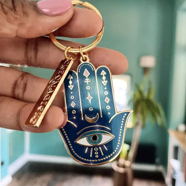 Hamsa Double-Sided Enamel Keychain In Gold, Blue & White