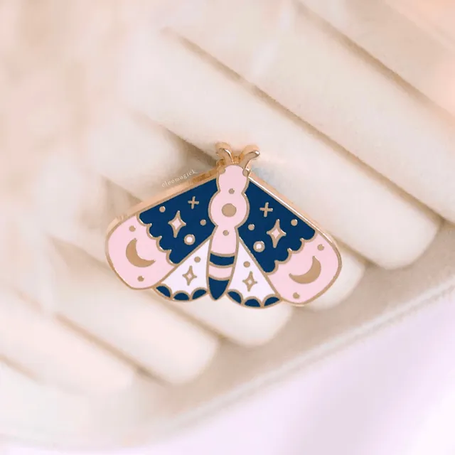 Lunar Love Moth Enamel Pin, Navy Blue, Pink & Gold