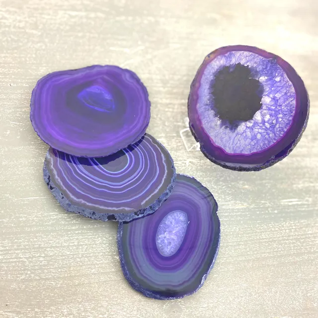 Wholesale Purple Agate Round Slice Coaster with Silicone Footers - Sold per piece