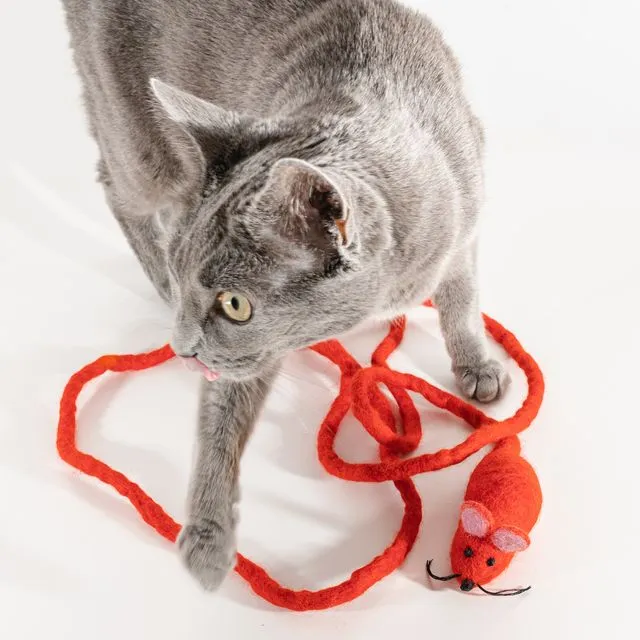 Catch a Mouse by the Tail: Wool Mouse Cat Toy With 6-Foot-Long Tail - Red