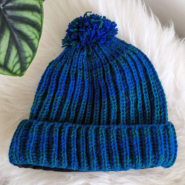 Fisherman's Rib Knit Beanie Hat - Blue/Green