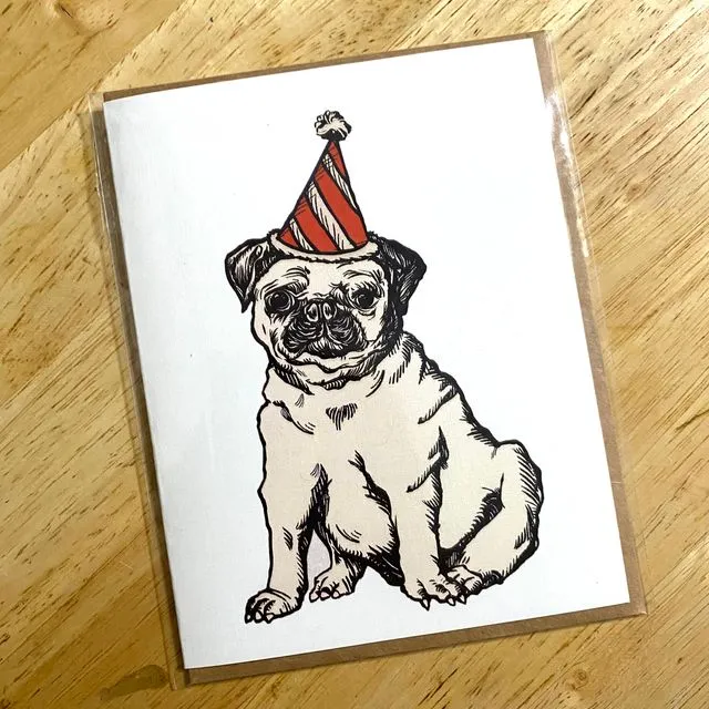 Party Pug Blank Greeting Card, A2 Size With Kraft Envelope