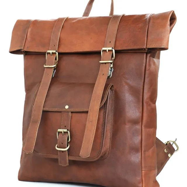 Roll Top Leather Backpack for Men and Women Vintage Brown Large Laptop and Travel Bag