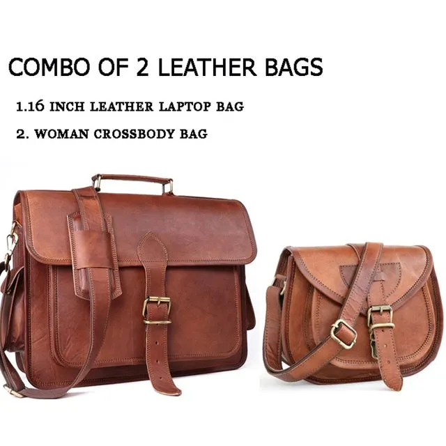 Combo Of 2, Leather Laptop Bag with Small Woman Crossbody Purse