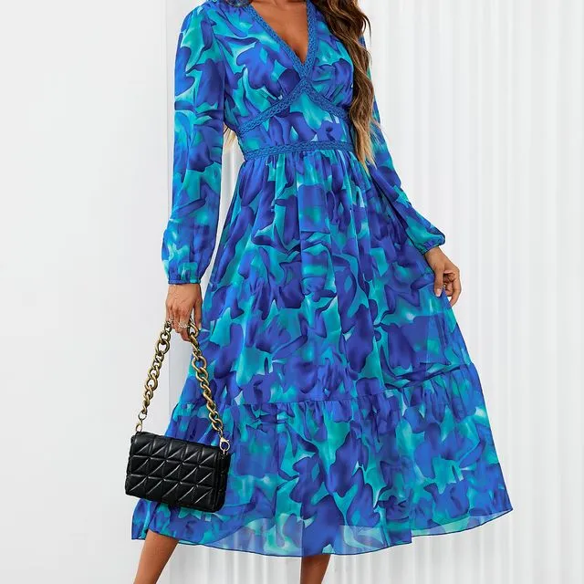 Floral Print Long Sleeve Maxi Dress In Blue