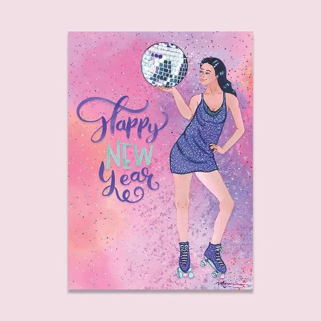 Happy New Year! Disco Roller Skating Girl Greeting Card