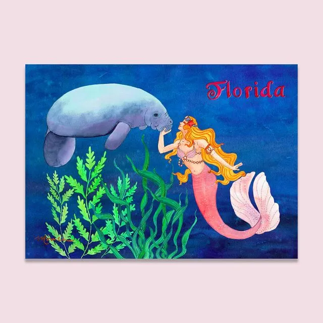 Whimsical Mermaid with Manatee 5 x 7 inch Greeting Card